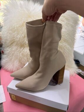Tony Bianco Nude Sock Boots with Stacked Wooden Heel